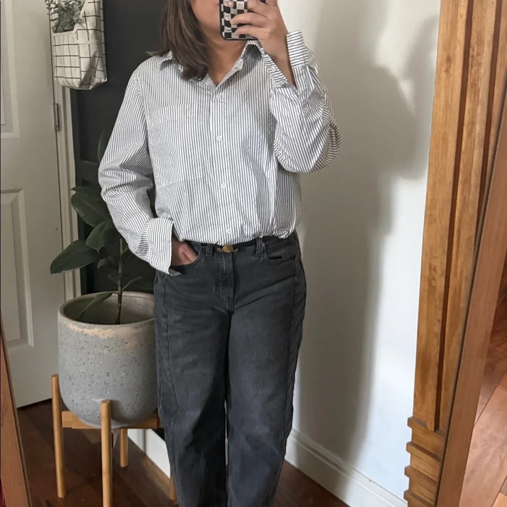 Lafayette 148 New York Buttoned Front Greyson Relaxed Striped Shirt. L - Picture 4 of 12